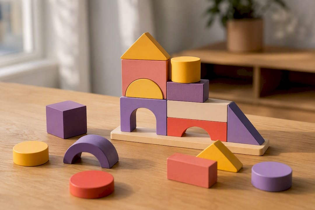 Geometric pieces arranged for spatial play