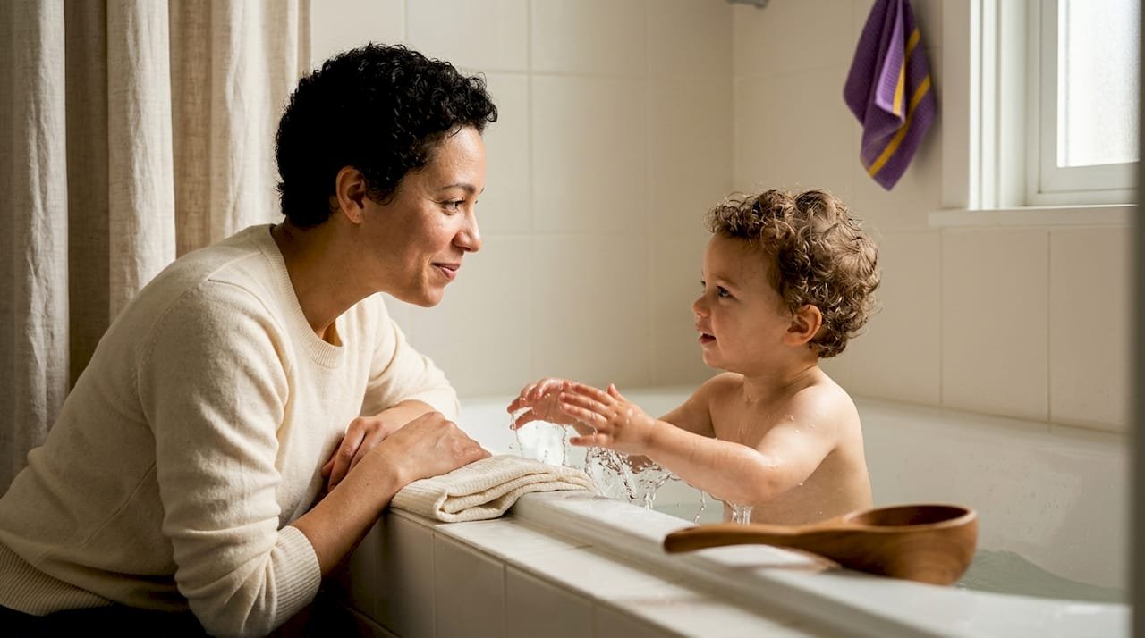 Caregiver responds to toddler bath splash
