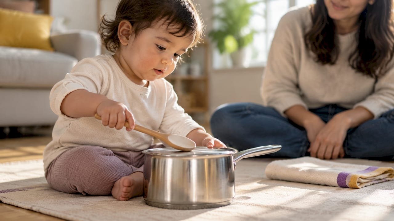Toddler focused on banging a saucepan