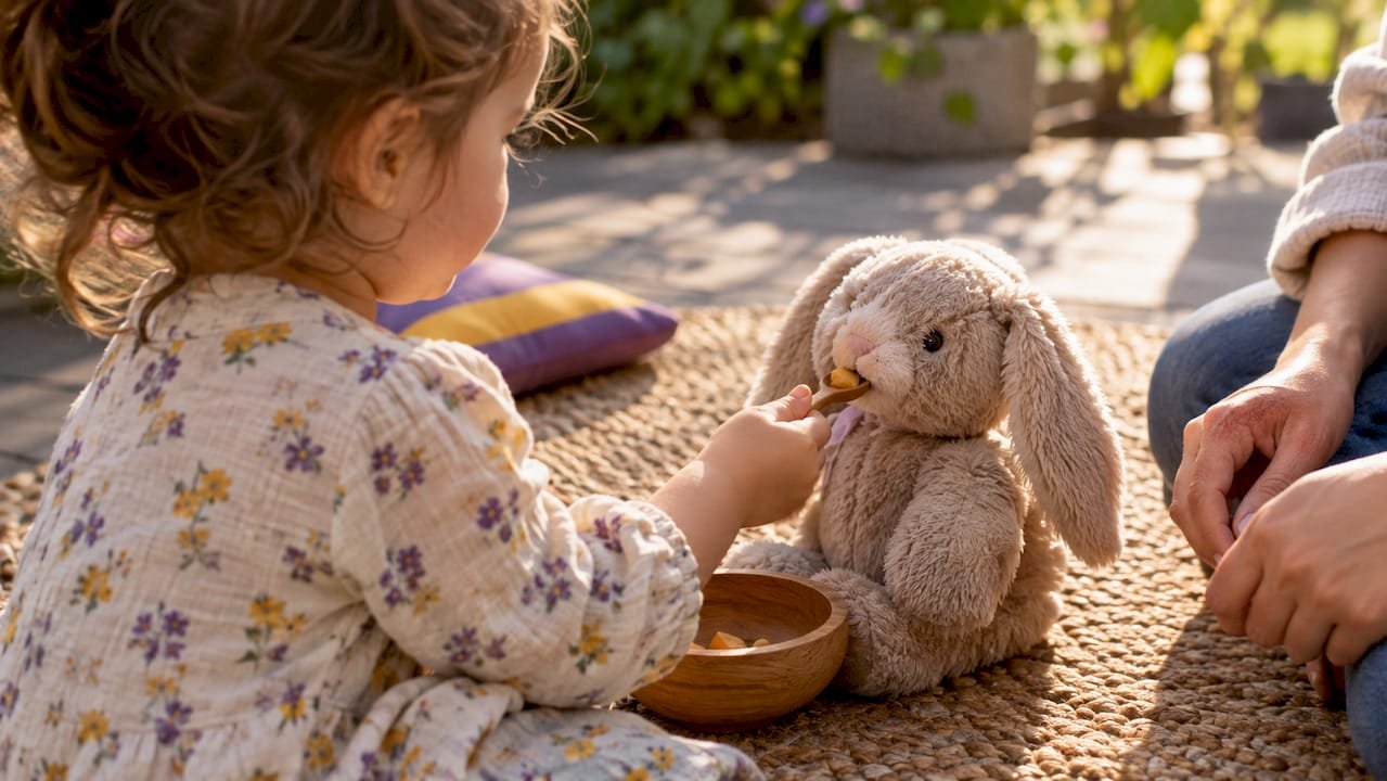 Toddler feeding stuffed animal during pretend play