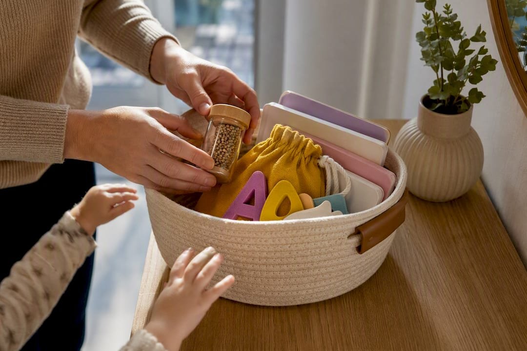 Toddler activity basket with reading props