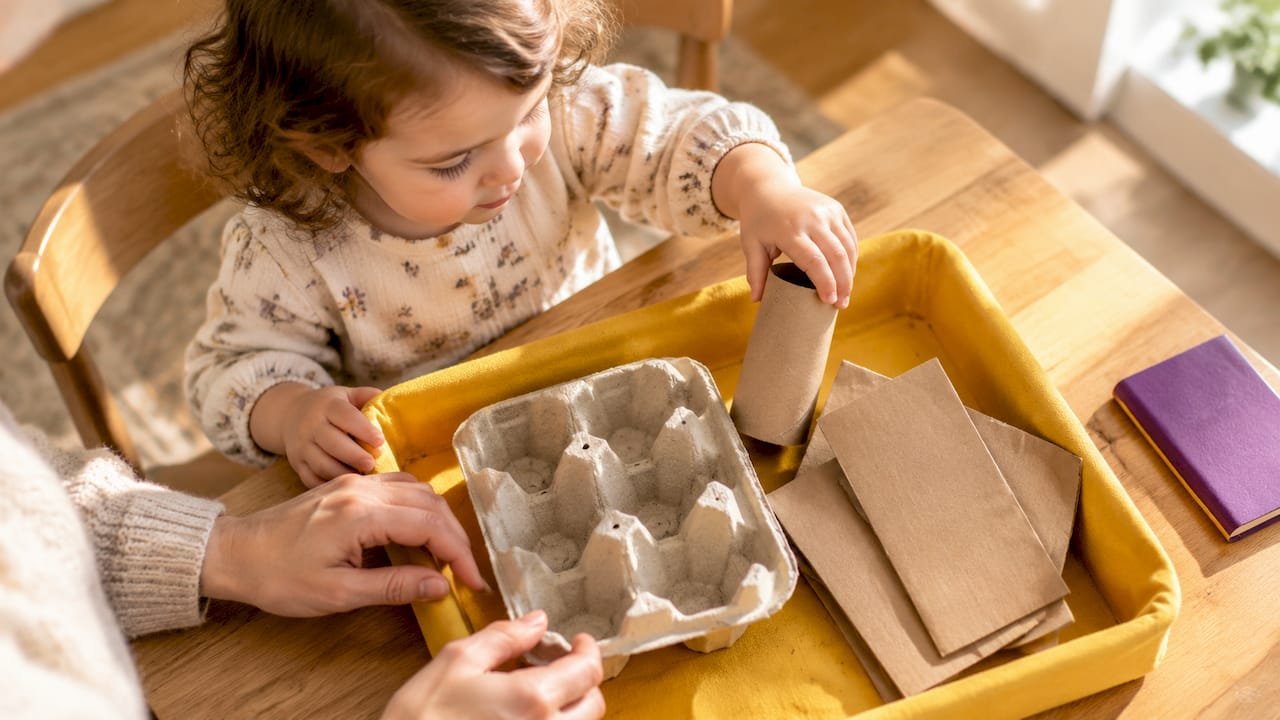 Toddler making with cardboard recyclables