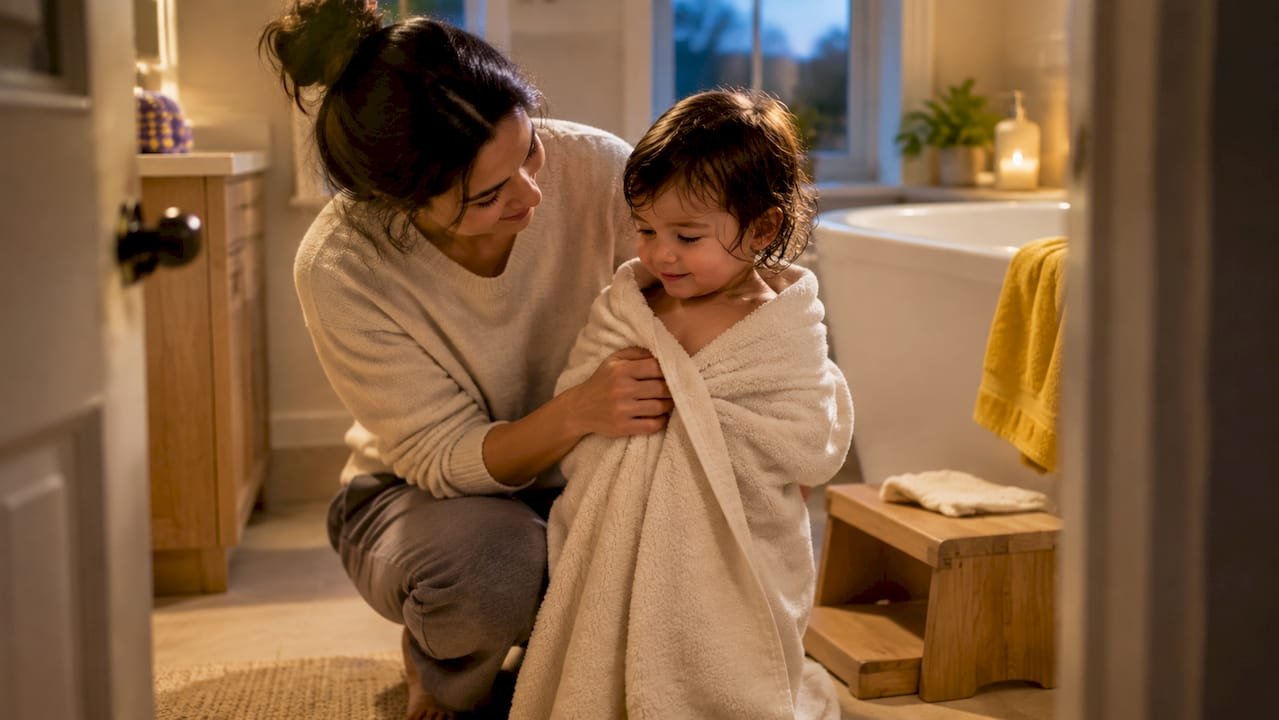 Toddler wrapped after a warm bath