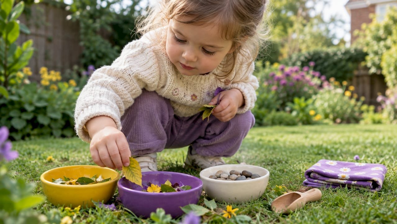 Toddler sorting leaves and petals outdoors