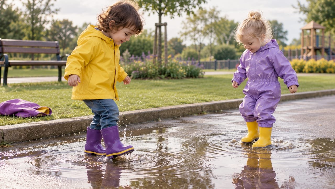 Toddlers enjoying parallel puddle play