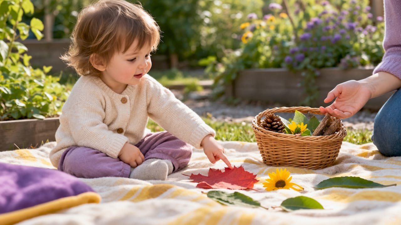 Seated toddler pointing during colour hunt