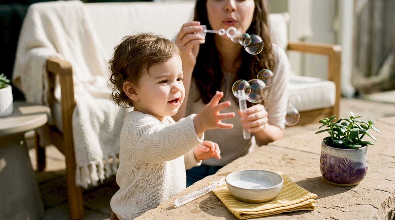 Caregiver blowing bubbles toward toddler