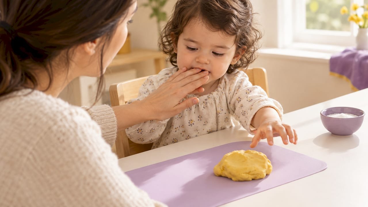 Caregiver supervising toddler with homemade playdough