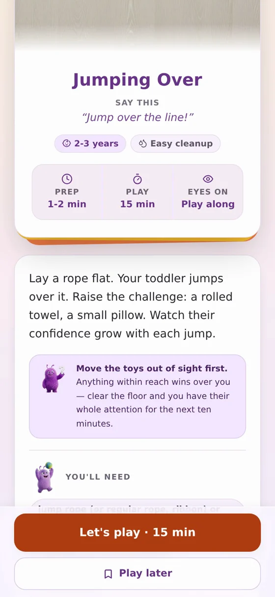 Activity screen with a Say this prompt, prep and play times and a parent tip