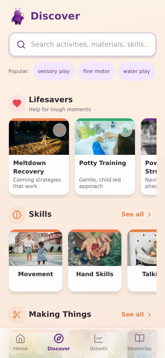 Discover screen with Lifesavers for meltdown recovery and potty training