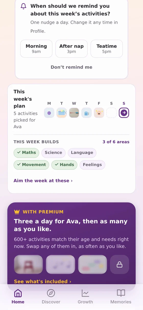This week's plan with five activities and the six areas the week builds
