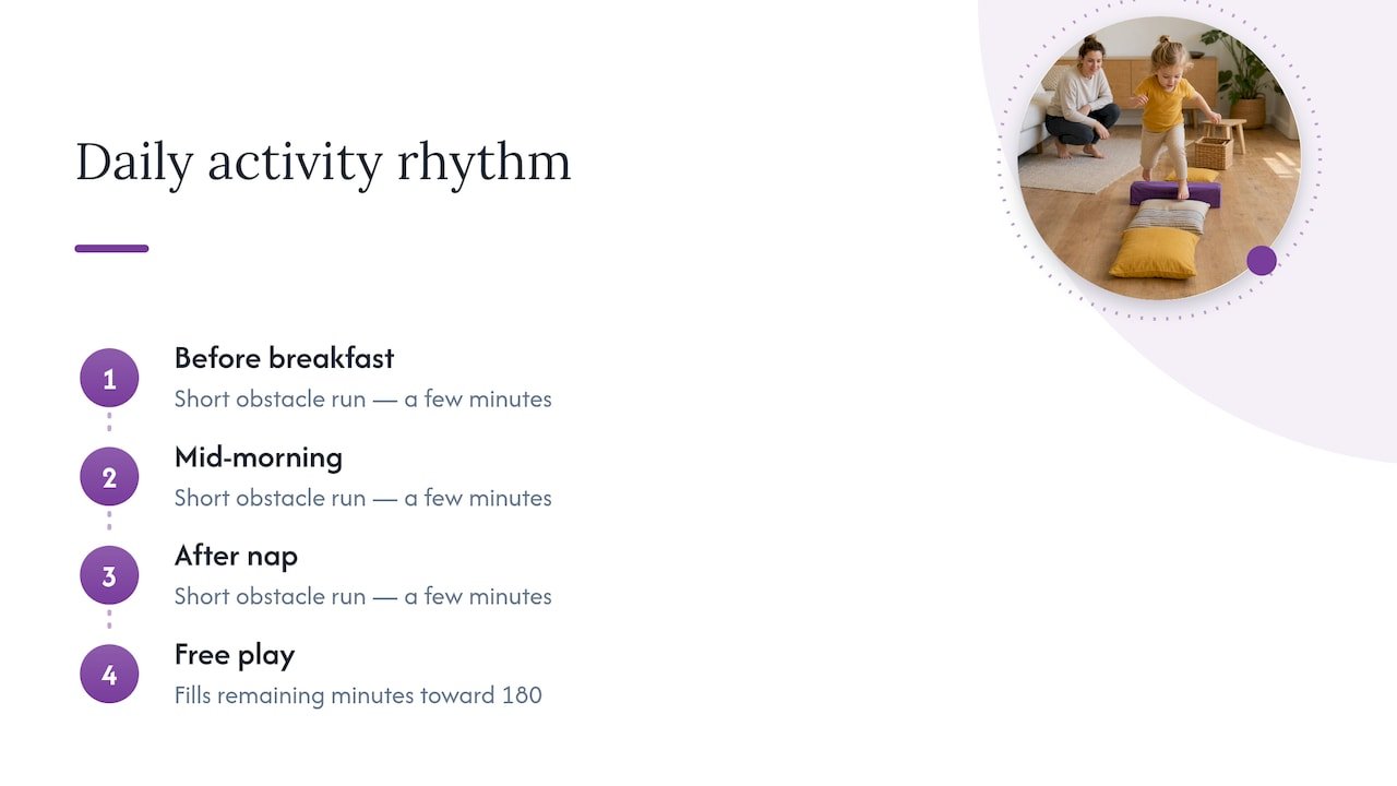 Daily toddler activity rhythm with three course runs