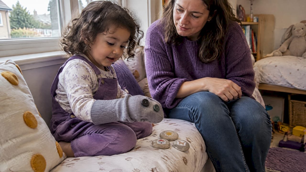 Toddler using sock puppet to tell story