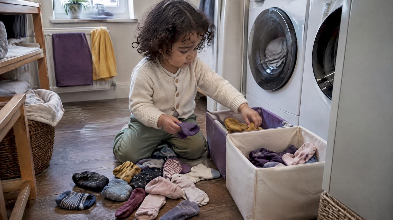 Toddler sorting socks into laundry baskets