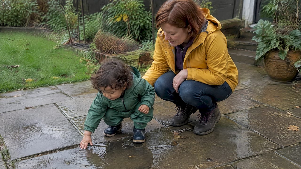 Parent stays beside toddler near shallow puddle