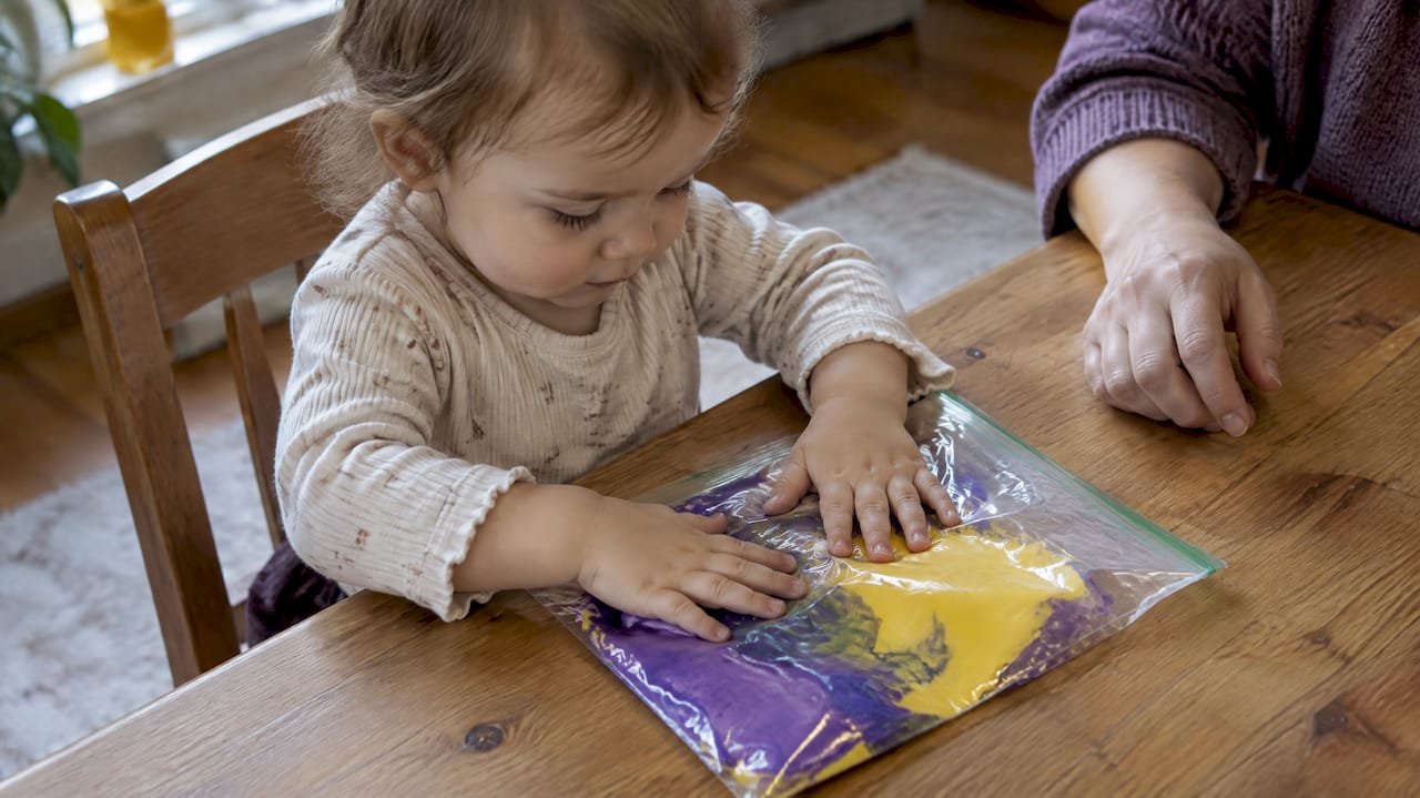 Toddler squishing paint inside a sealed bag