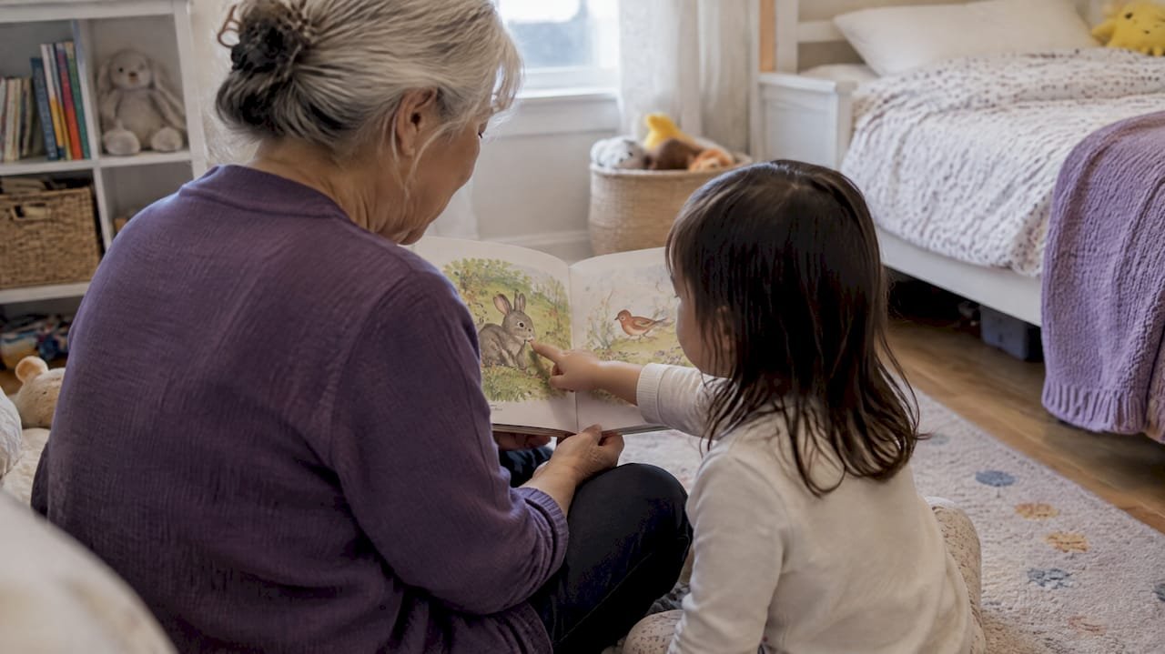 Caregiver reading a picture book with toddler