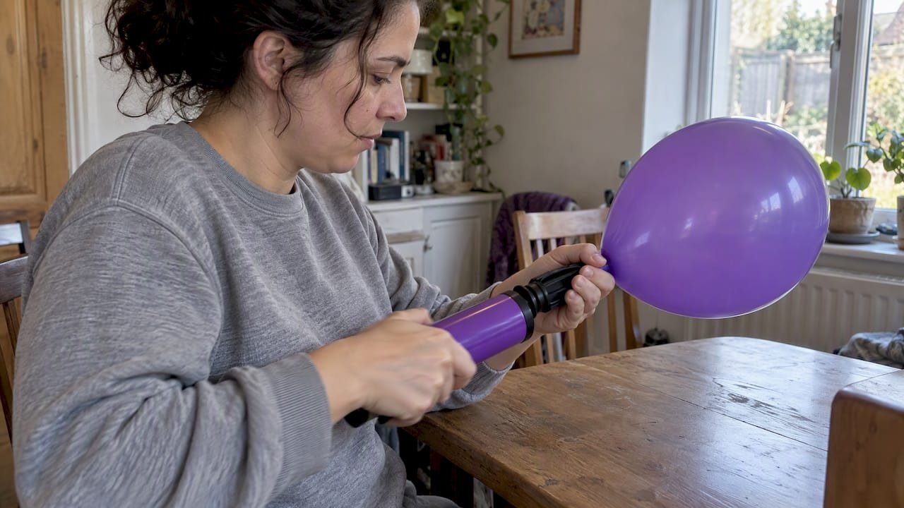 Caregiver inflating a balloon with a hand pump