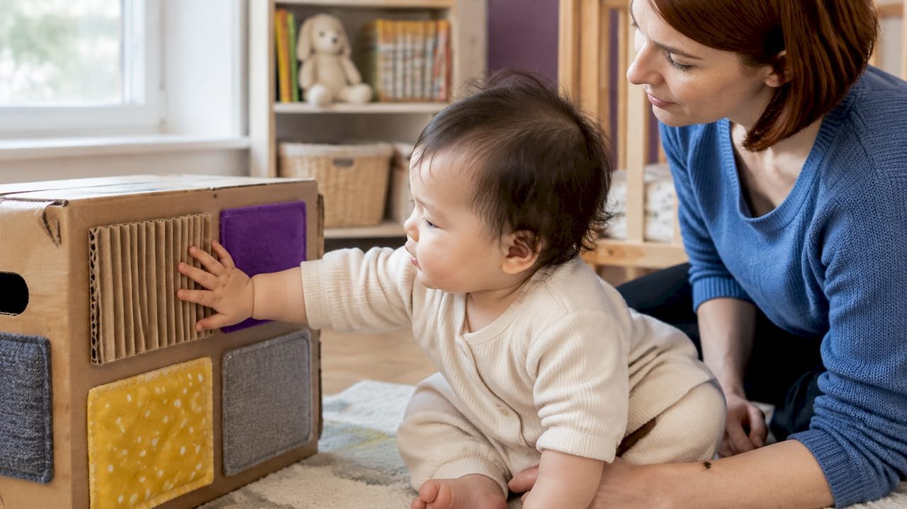 Baby explores textures attached to a box